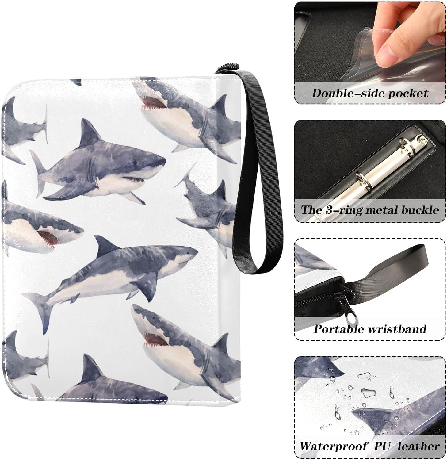 Watercolor Shark Trading Card Binder 4-Pocket Card Holder with 50 Removable Sleeves 3-Ring Card Albums Binder Holds Up to 400 Cards Card Organizer