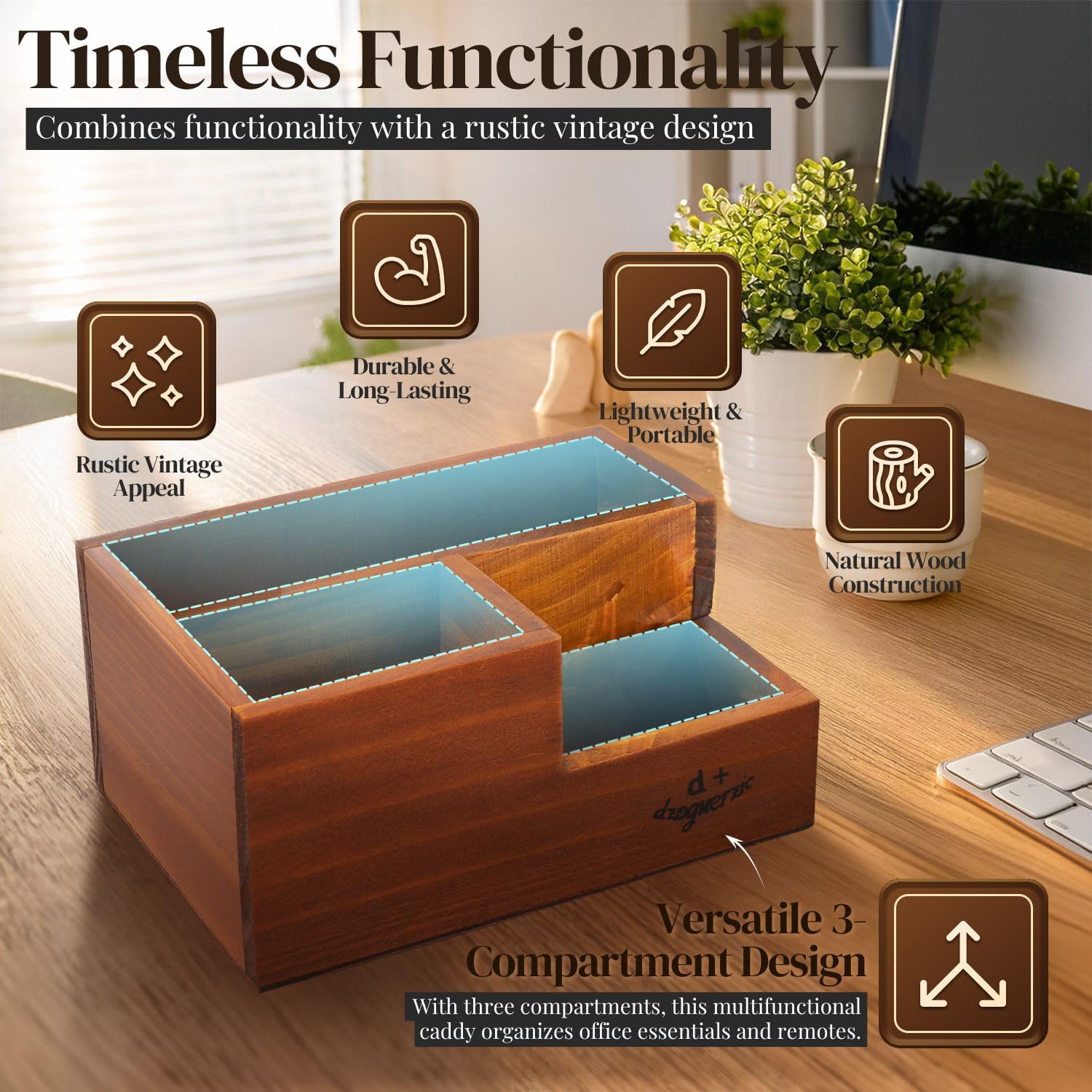 Flexzion Portalápices de madera rústica para oficina, 3 ranuras, organizador de almacenamiento de escritorio y mesa, soporte multifuncional para