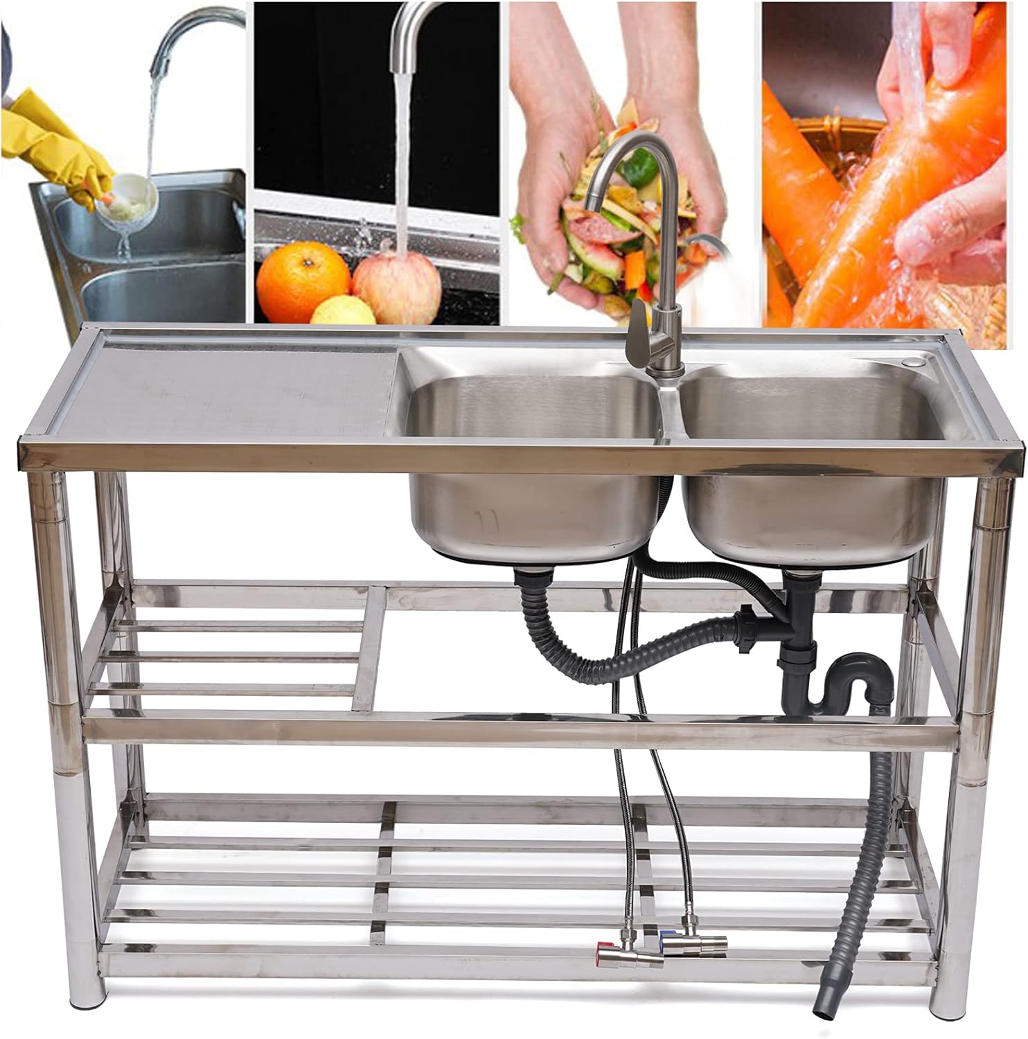 Fregadero de cocina comercial, fregadero de acero inoxidable de 2 compartimentos, fregadero de restaurante independiente, mesa de preparación de