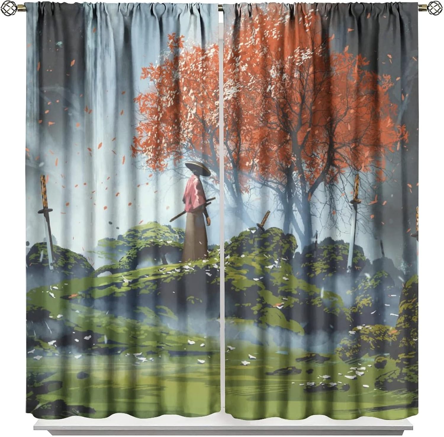 MYS QiQi Cortinas japonesas de anime con pintura de tinta, Samurái, decoración de habitación, cortinas de ventana rojas, negras y blancas, cortinas