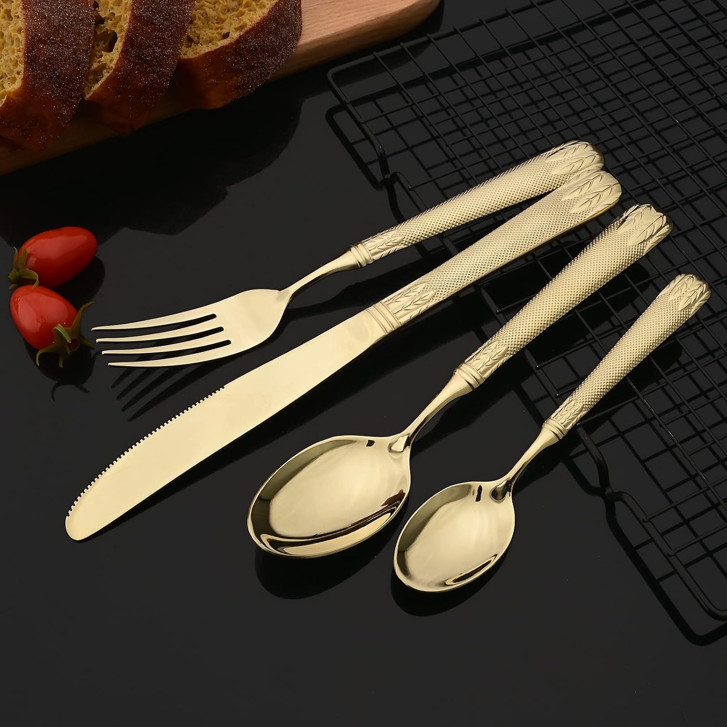 JASHII Champagne Gold – Juego de cubiertos de acero inoxidable 304 para 4, con orejas de trigo vintage en relieve, mango plano pulido espejo, apto