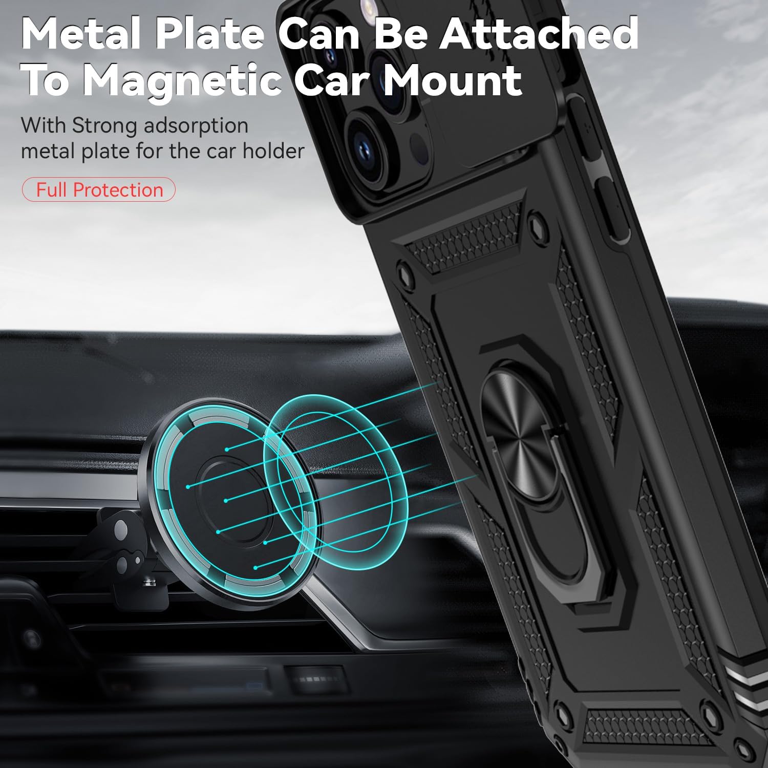 Funda para iPhone 15 Pro Max, con protector de pantalla y funda para cámara, grado militar 16 pies. Funda a prueba de caídas con función de atril