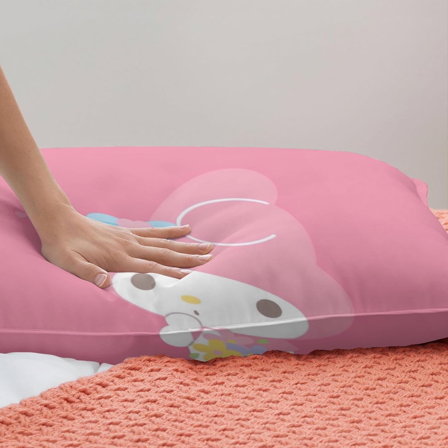 DIEZ Juego de cama de 3 piezas con estampado de conejito de dibujos animados rosa, funda de edredón suave de lujo con cremallera, matrimonial (1