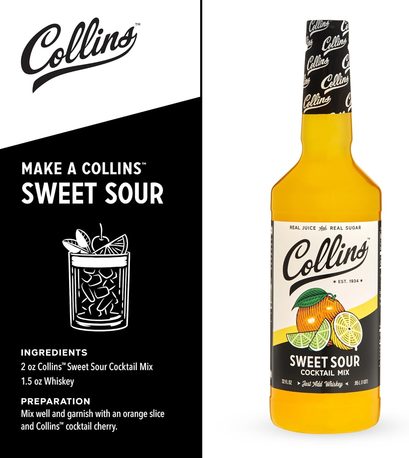 Collins Mezcla agridulce, hecha con jugo de naranja real y limón, ingrediente clásico de la receta de cóctel, 32 onzas líquidas