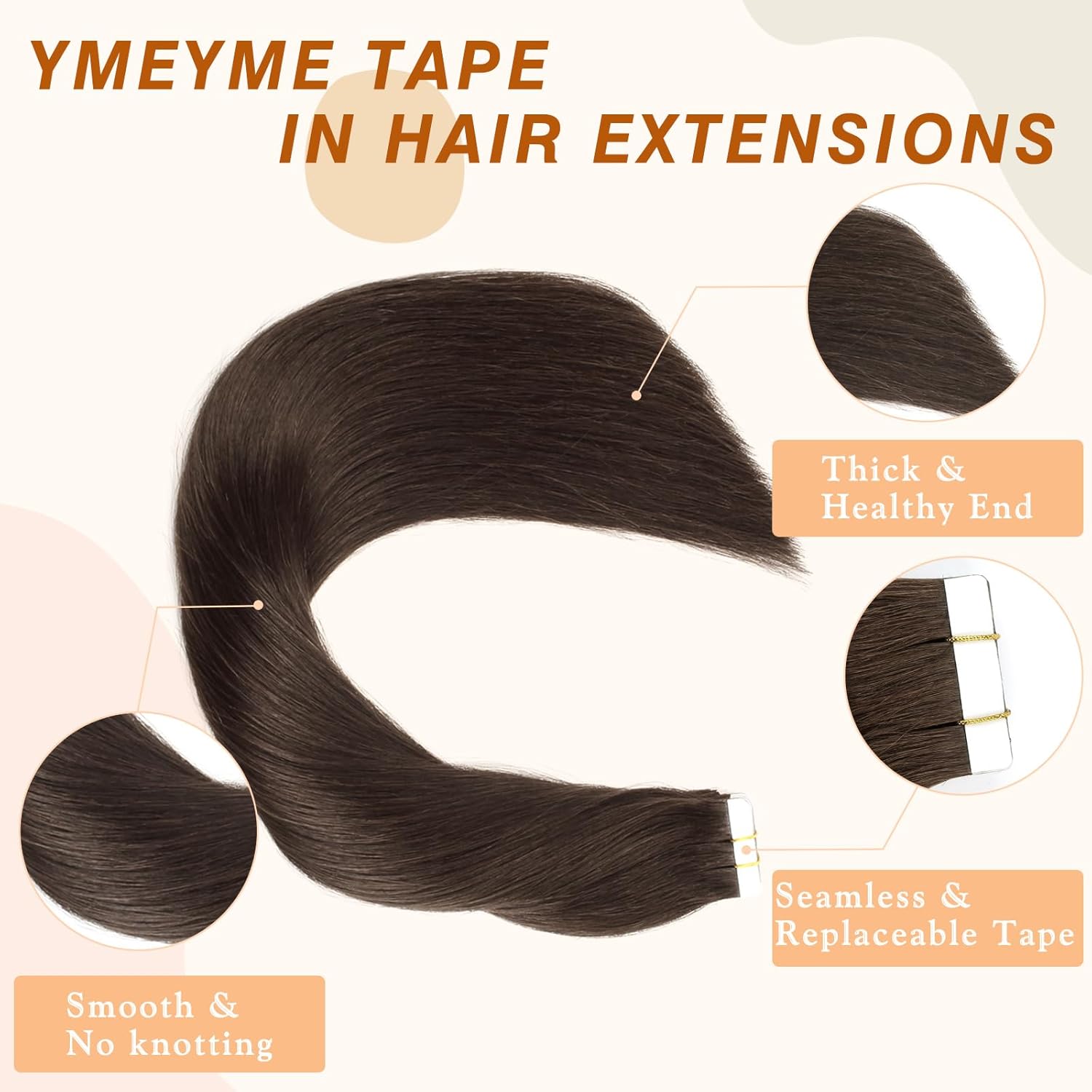 YMEYME Extensiones de cabello humano con cinta, color marrón oscuro, cabello humano real, 2 extensiones de trama de piel lacio, sin costuras, 0