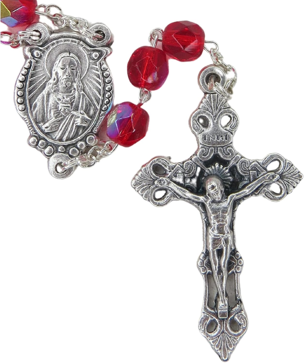 Juego de tarjeta de oración católica y rosario, coronilla de la sangre más preciosa y cuentas rojas con crucifijo en tono plateado y medalla de