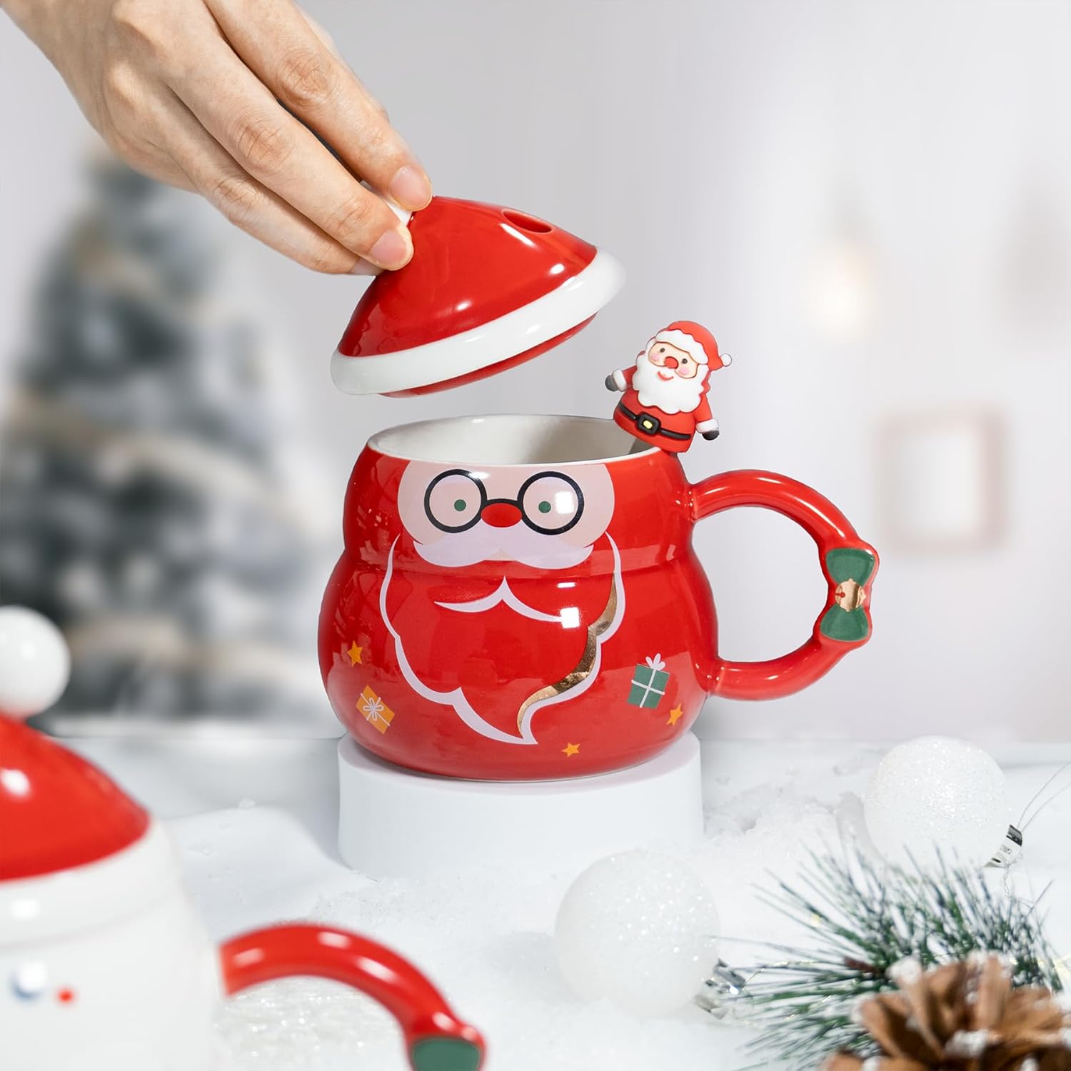 Juego de 2 tazas de café con diseño de árbol de Navidad color rojo, tazas de café de cerámica duraderas con tapa y cuchara de 16 onzas, el mejor