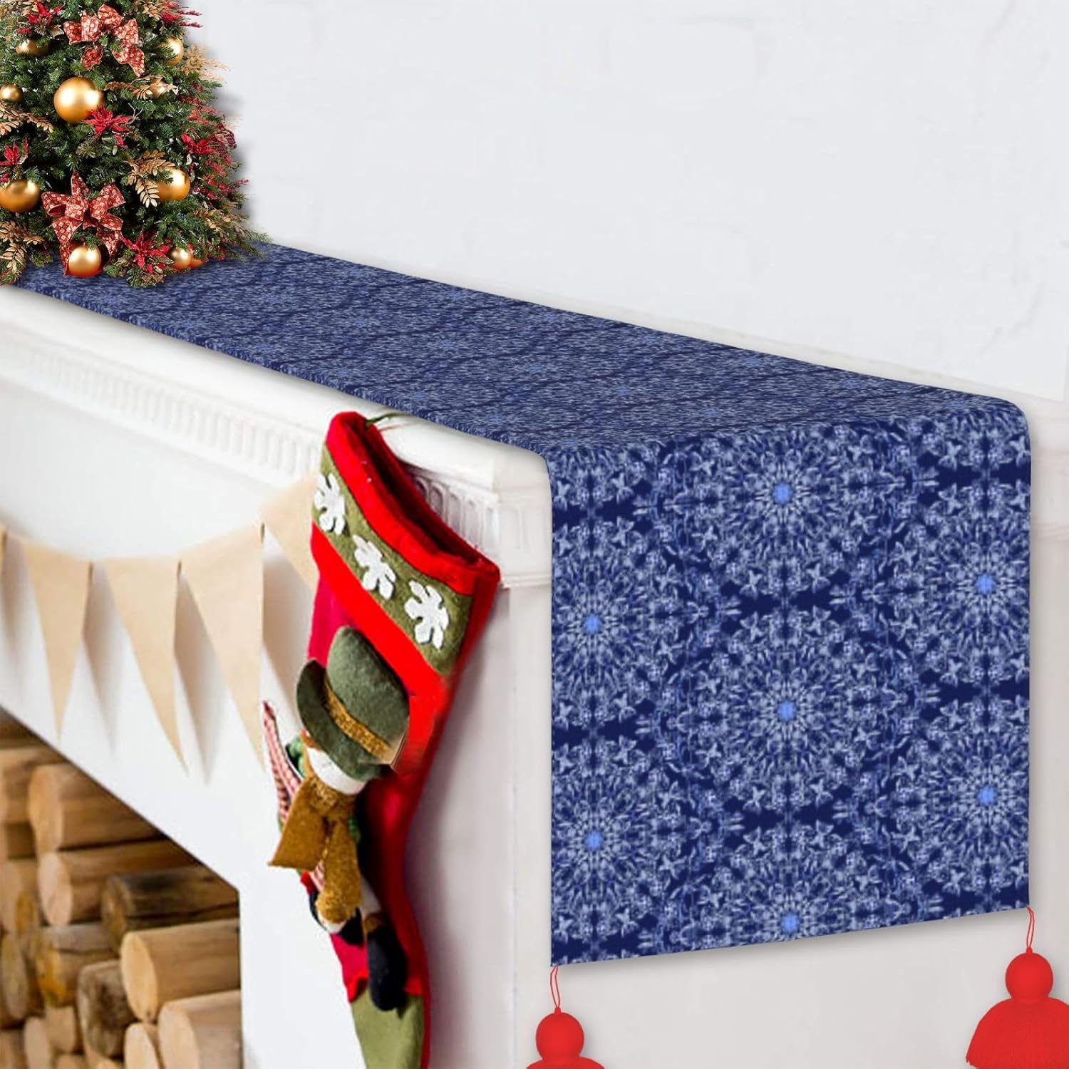 Camino de mesa de Navidad con flores azules, decoración de mesa de comedor, decoración de Navidad, decoración de interiores del hogar, caminos de