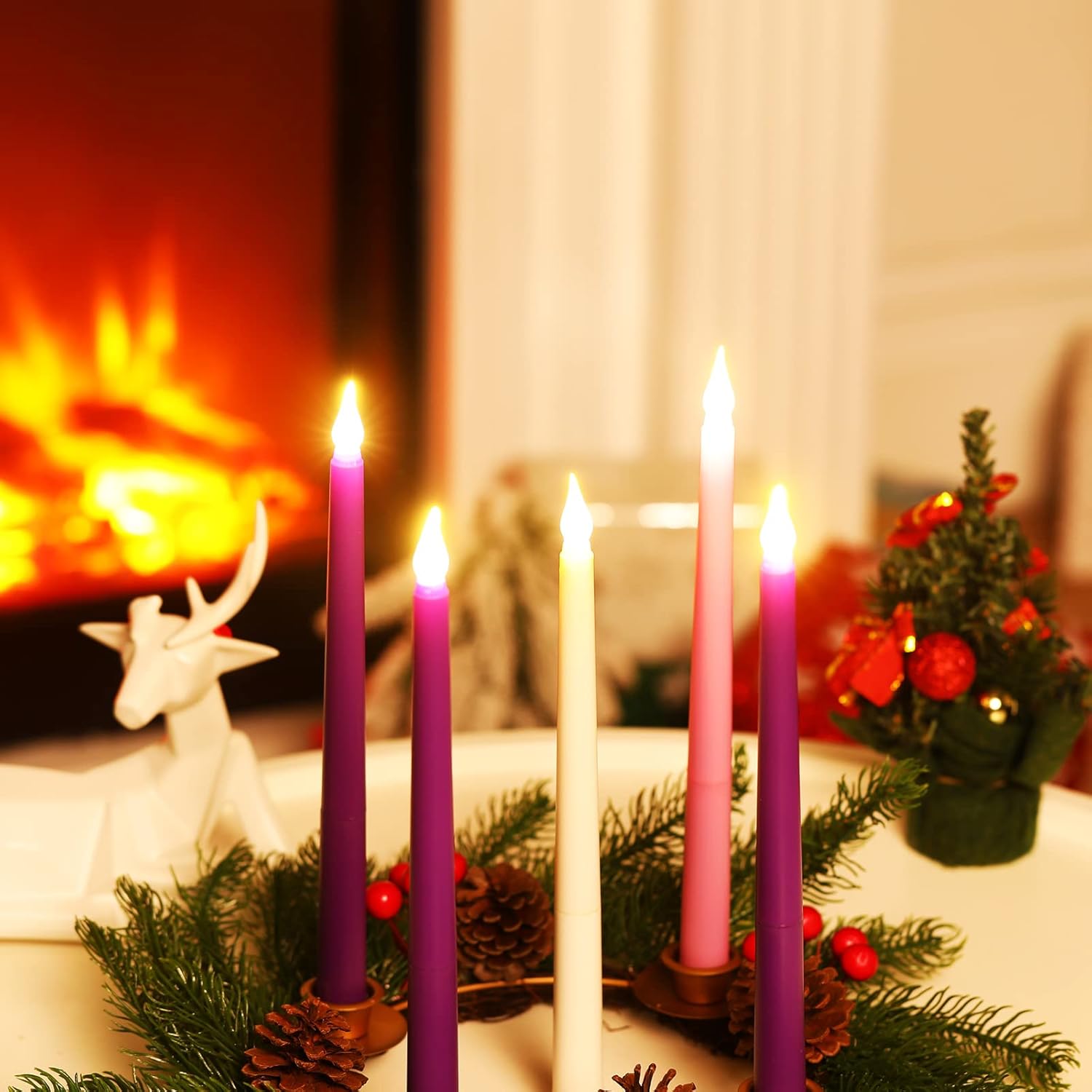 5 velas de adviento sin llama, velas de Adviento LED para Navidad, rituales de Adviento festivos, iglesia, celebración, decoración del hogar (estilo