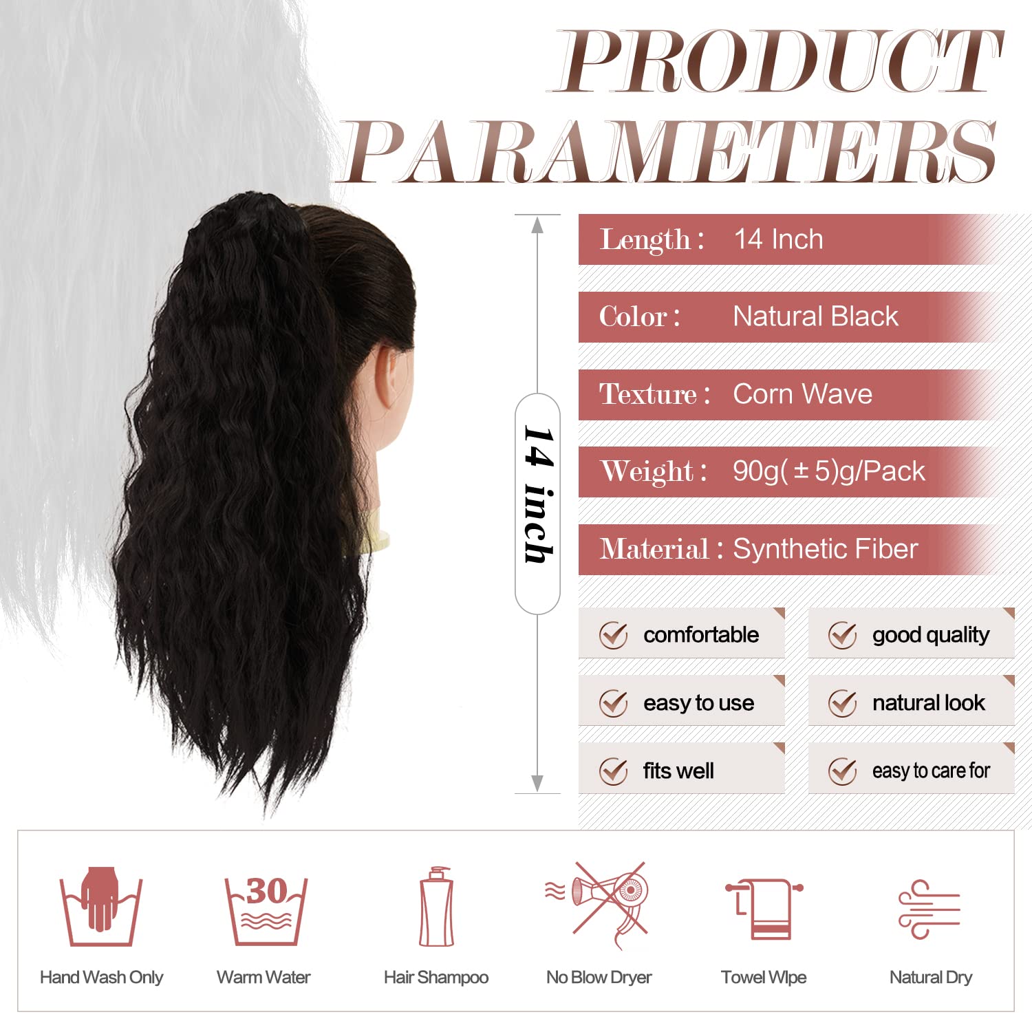 PEACOCO Cola de caballo corta con ondas de maíz, extensión de cola de caballo con cordón para mujeres negras con clip (14 pulgadas (paquete de 1),