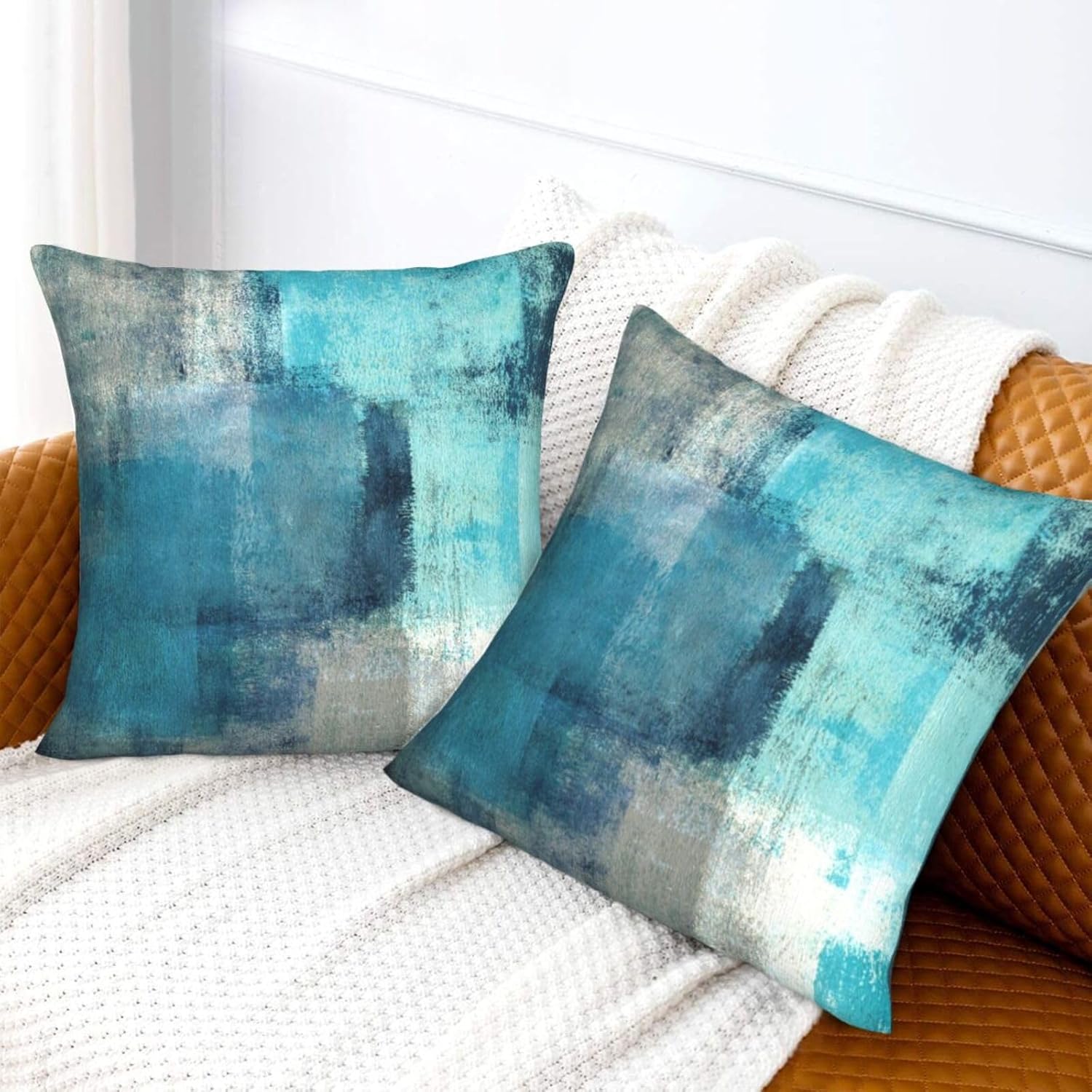 Juego de 2 fundas de almohada de arte moderno, color turquesa, abstracto, cuadradas, decorativas, para sofá, hogar, dormitorio, silla, automóvil,