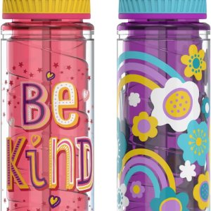 COOL GEAR Paquete de 2 botellas de agua para niños de 16 onzas con doble pared, tapa de sorbo y tapa de bucle para el dedo con diseño impreso, ideal COOL GEAR Paquete de 2 botellas de agua para niños de 16 onzas con doble pared, tapa de sorbo y tapa de bucle para el dedo con diseño impreso, ideal