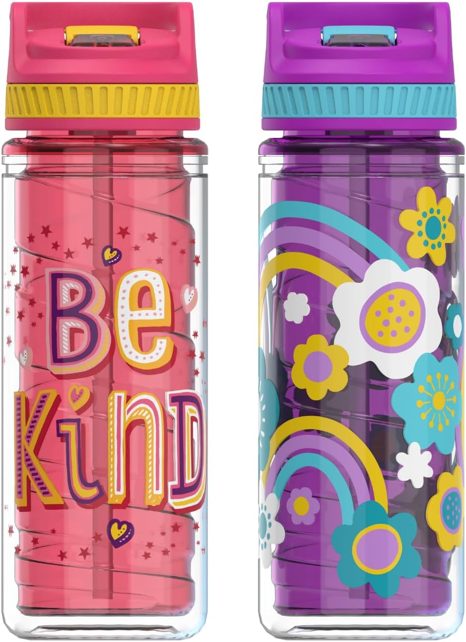 COOL GEAR Paquete de 2 botellas de agua para niños de 16 onzas con doble pared, tapa de sorbo y tapa de bucle para el dedo con diseño impreso, ideal
