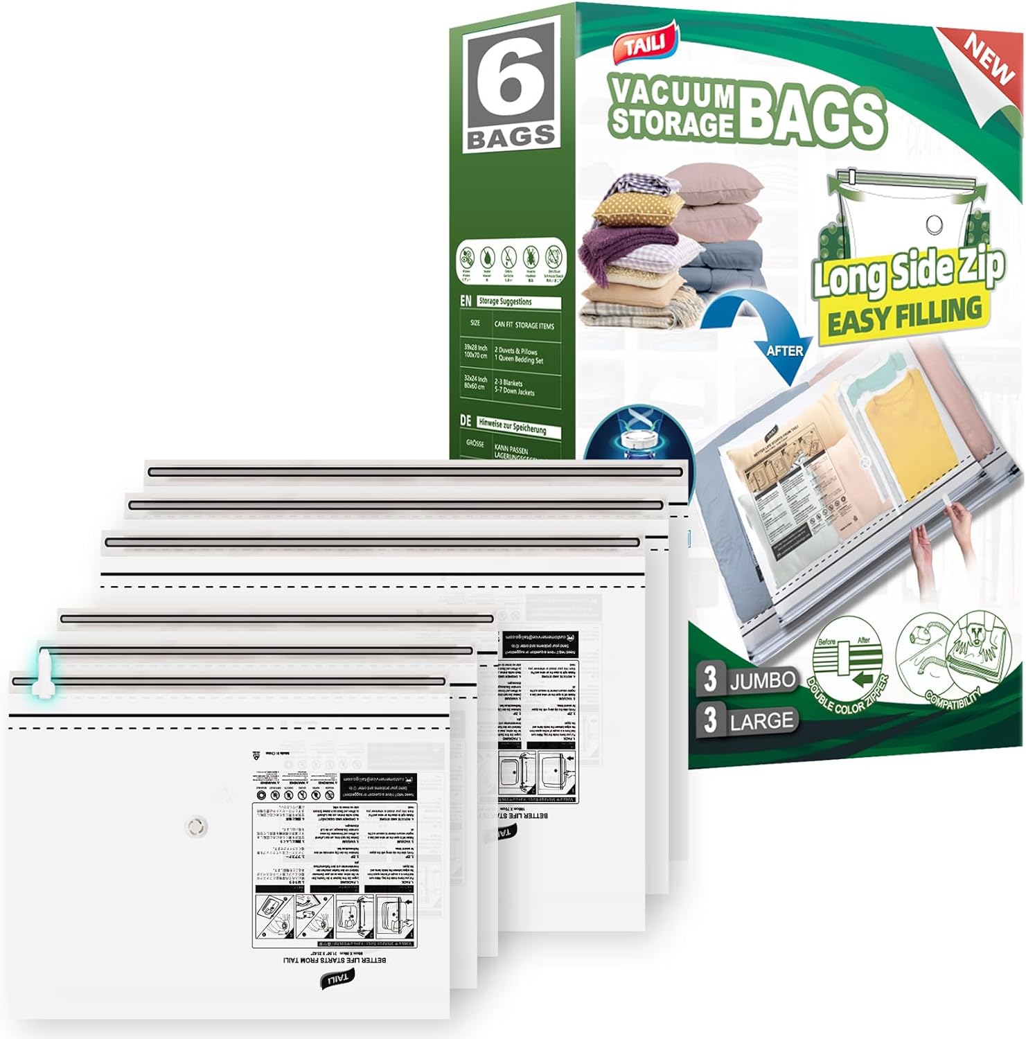 TAILI – Paquete de 6 bolsas de almacenamiento al vacío con cremallera lateral larga, bolsas ahorradoras de espacio (3 L+3 extra grandes), bolsas de