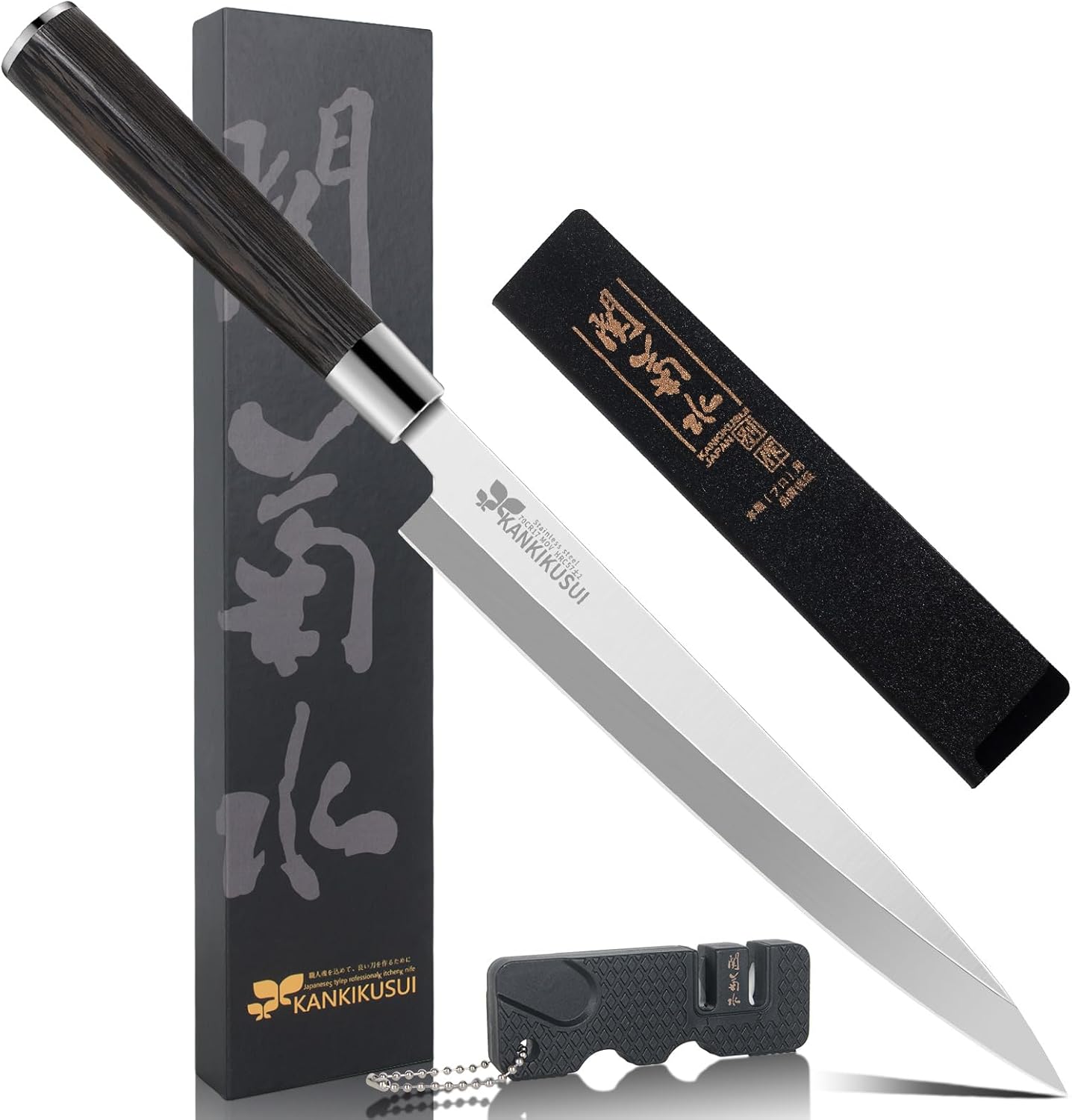 Cuchillo Sashimi, juego de cuchillos de sushi de 9.3 pulgadas con funda, afilador, paño de limpieza, caja de regalo, cuchillo Yanagiba HC 70cr17mov
