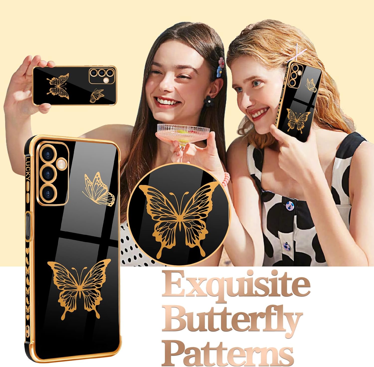 Coralogo Funda para teléfono Samsung Galaxy A14 5G con diseño de mariposas para mujeres y niñas, diseño de mariposas chapado en negro y dorado con