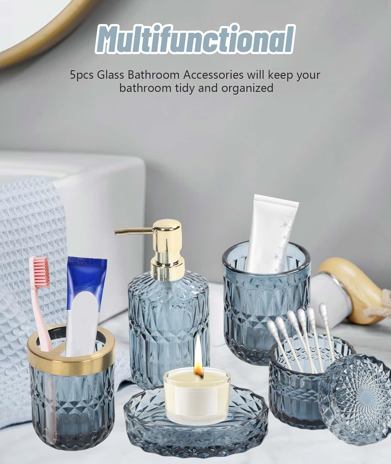 Juego completo de 5 piezas de accesorios de baño azules, soporte para cepillo de dientes, vaso, dispensador de loción, jabonera, tarros de hisopos