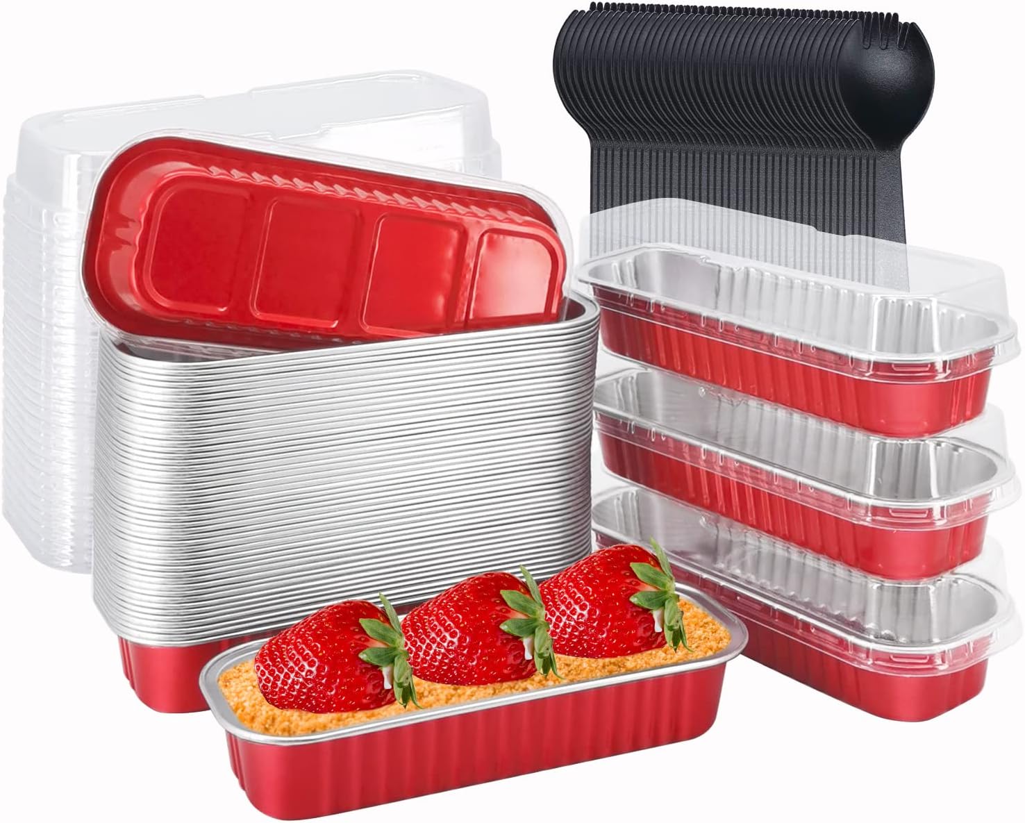 LNYZQUS Mini moldes para hornear con tapas, paquete de 50 moldes de aluminio de 6.8 onzas, moldes pequeños para pan, moldes rectangulares para
