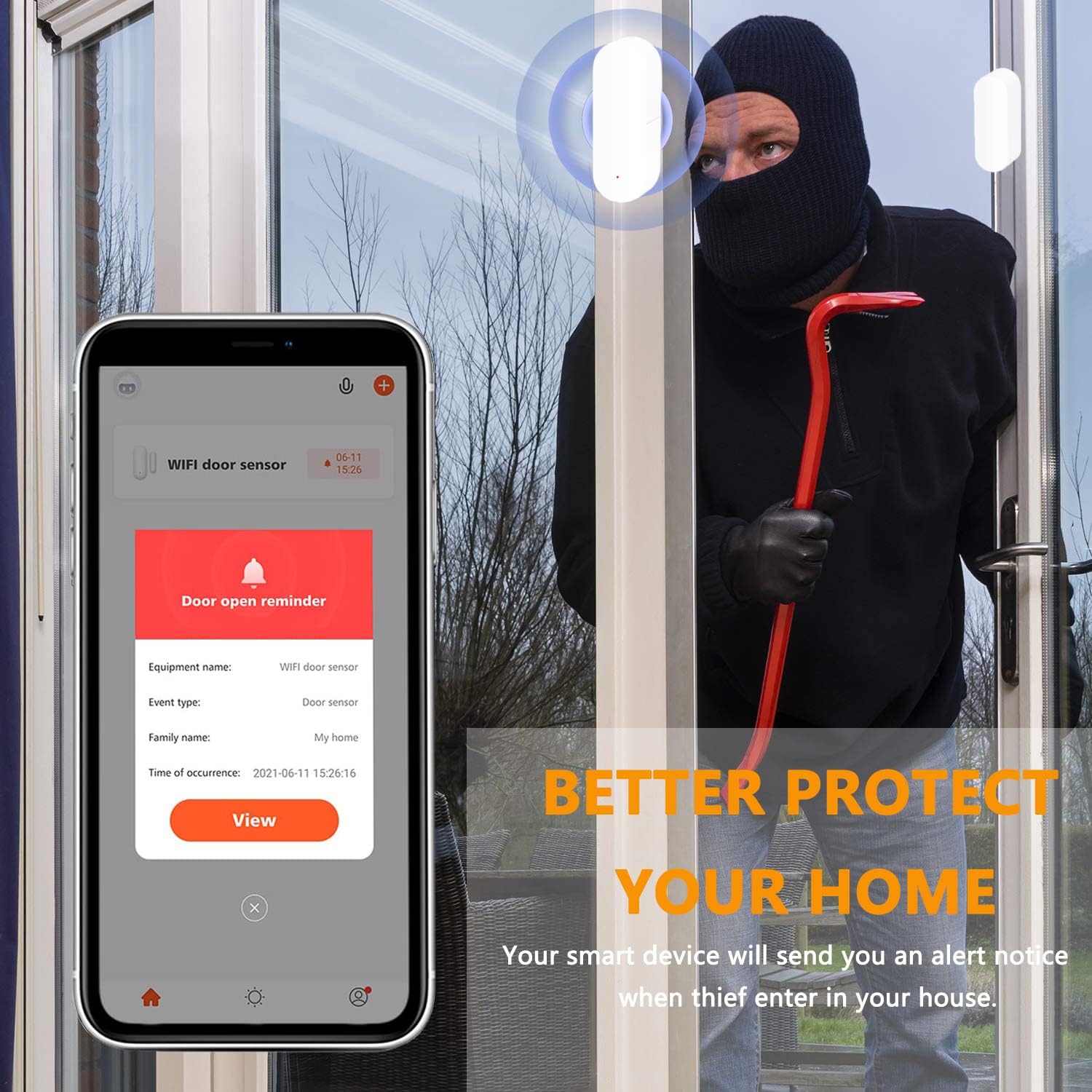 Alarma inalámbrica con sensor de puerta inteligente, sensor de contacto WiFi para puerta de ventana para sistema de seguridad del hogar, monitor