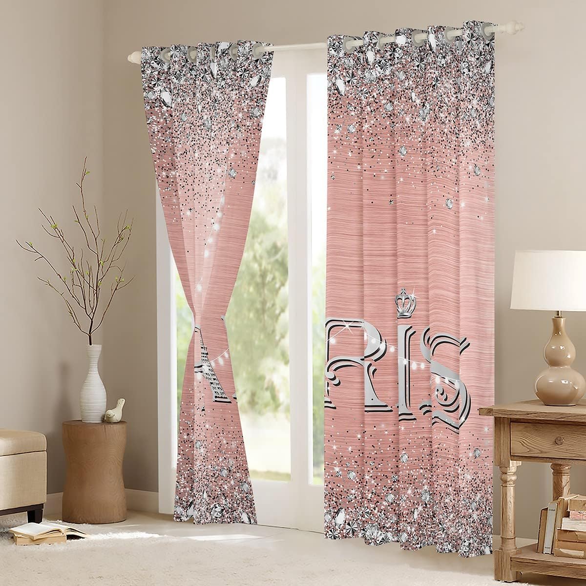 Cortinas femeninas de la Torre Eiffel de 42 x 84 pulgadas, cortinas opacas con purpurina para mujer, cortinas románticas de diamante degradado rosa