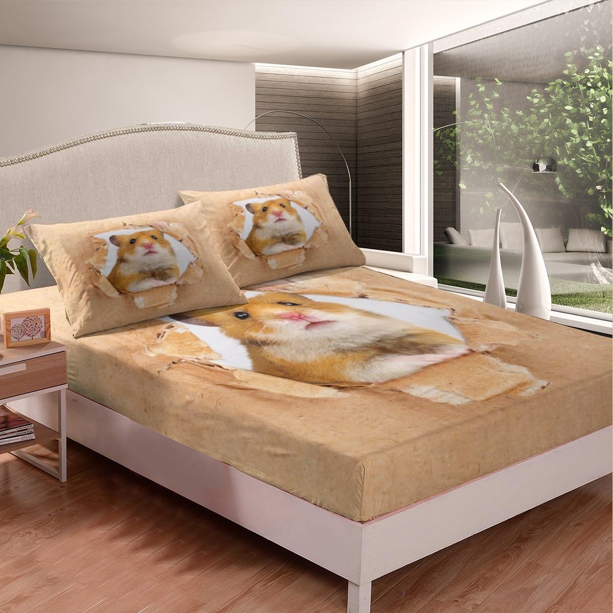 Erosebridal Juego de sábanas de hámster, tamaño matrimonial, color marrón, diseño de ratón 3D, lindo animal, sábana bajera ajustable Kawaii para