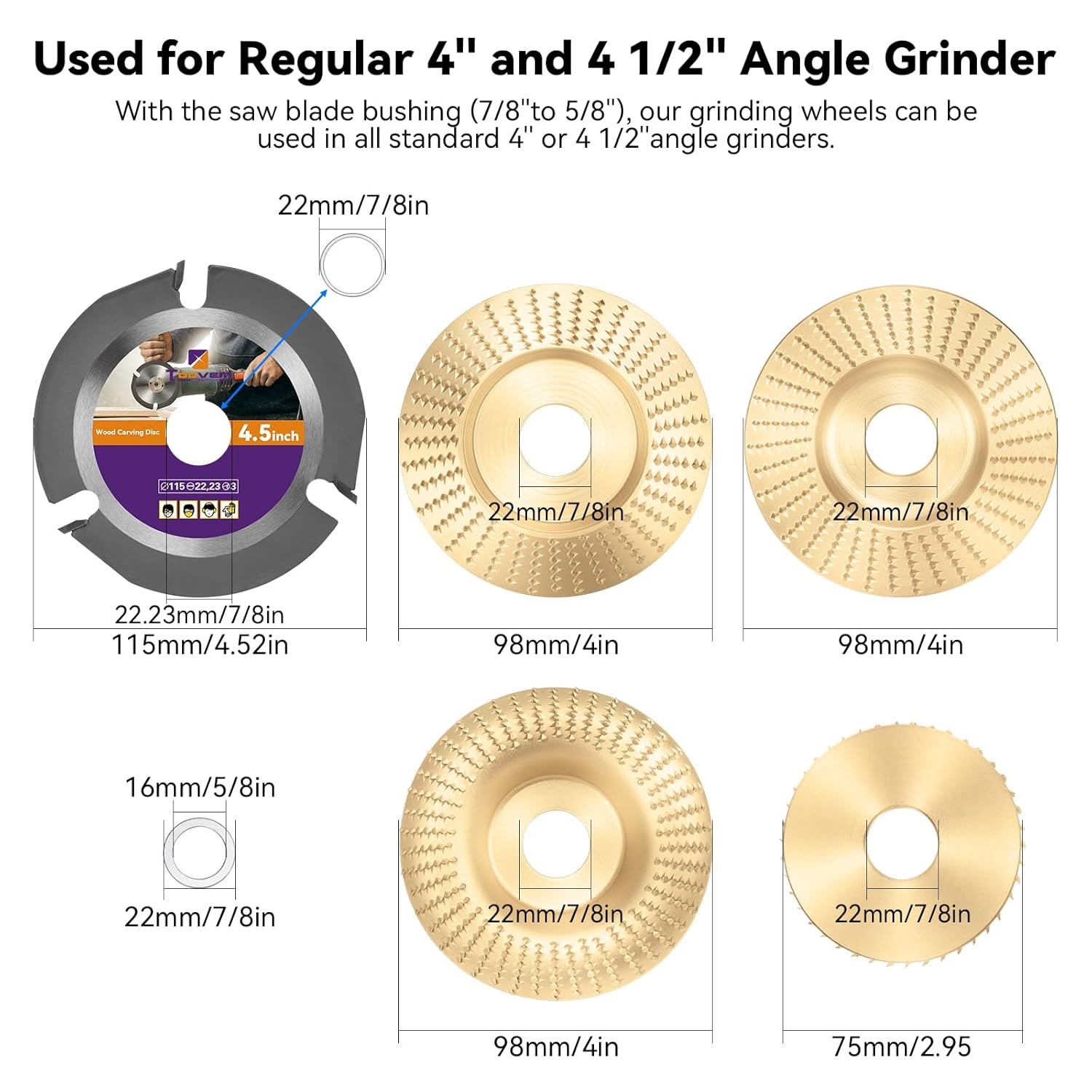 TOOVEM – Juego de discos de tallado de madera, para amoladora angular de 4 y 4 12 pulgadas con eje de 58 pulgadas, accesorios para amoladora