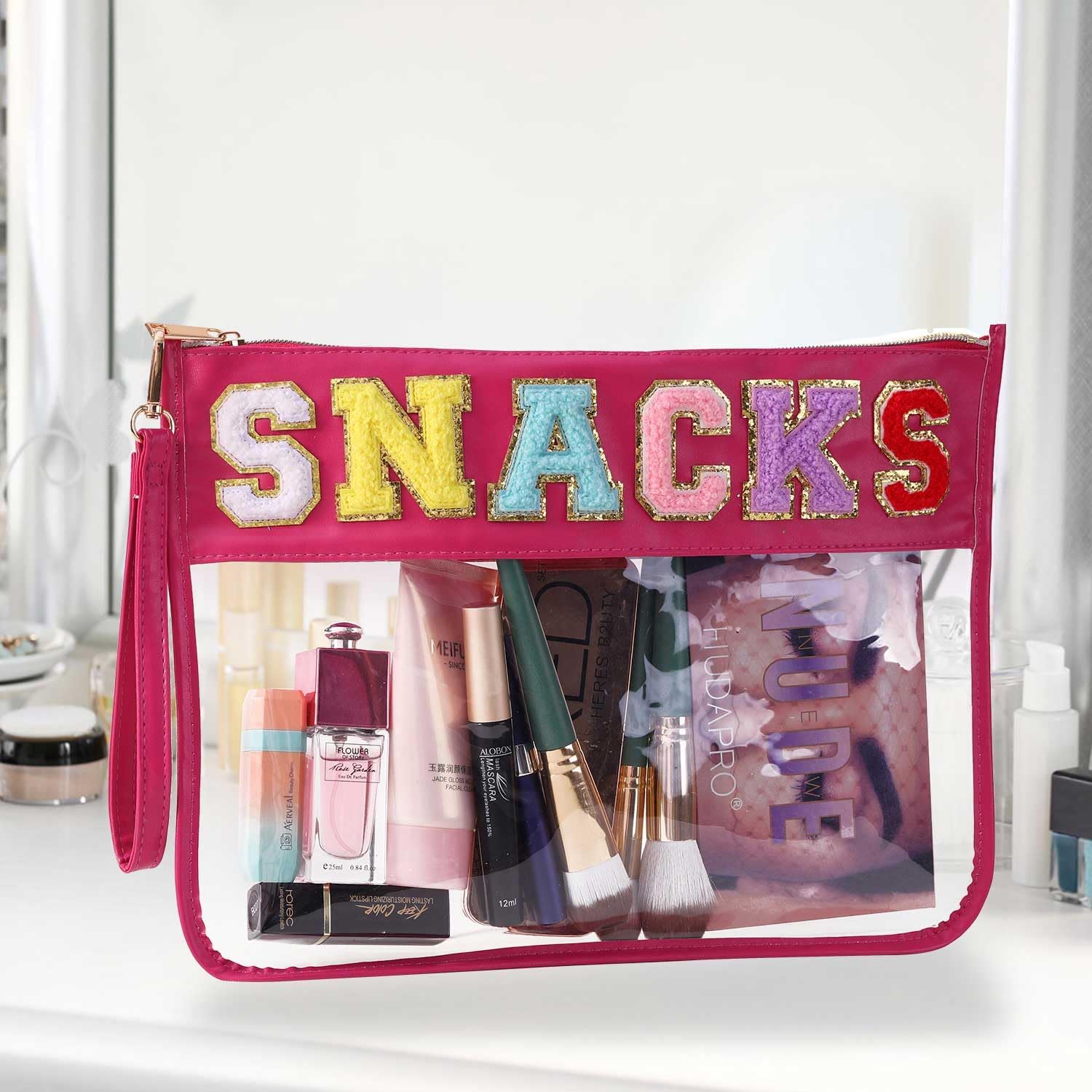 HASIOY – Bolsa transparente con parches, bolsa para aperitivos, bolsa de felpilla con letras de chenilla, bolsa de cosméticos con correas doradas