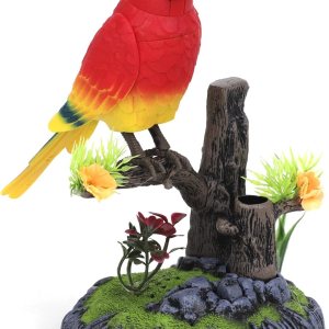 La grabación eléctrica de loro parlante repite lo que dices loro torcido, agitando alas juguete realista periquito en una rama de árbol La grabación eléctrica de loro parlante repite lo que dices loro torcido, agitando alas juguete realista periquito en una rama de árbol