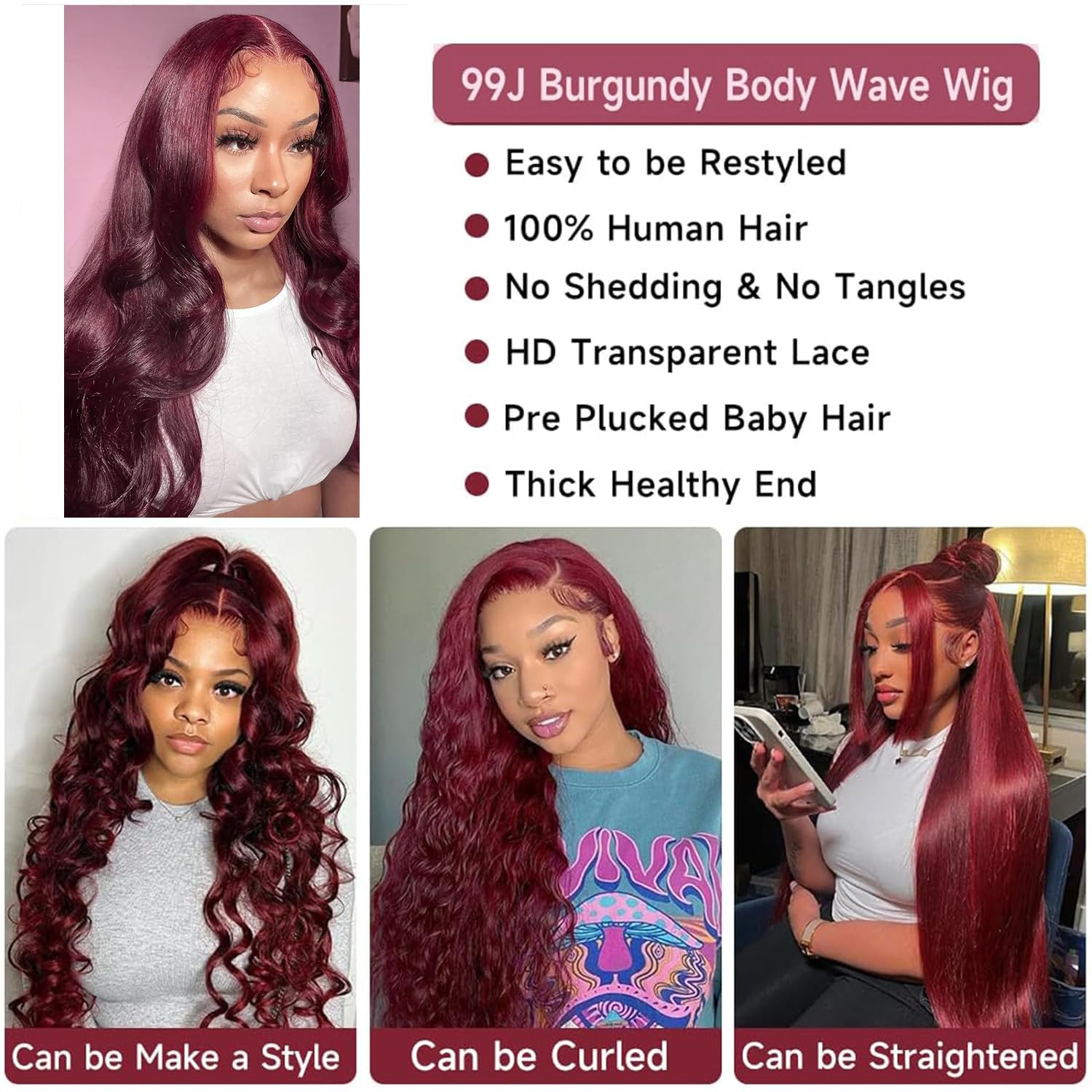 Peluca de cabello humano ondulado con encaje frontal color borgoña 99J de 13 x 4, densidad del 150 %, pelucas de color rojo vino para mujeres,