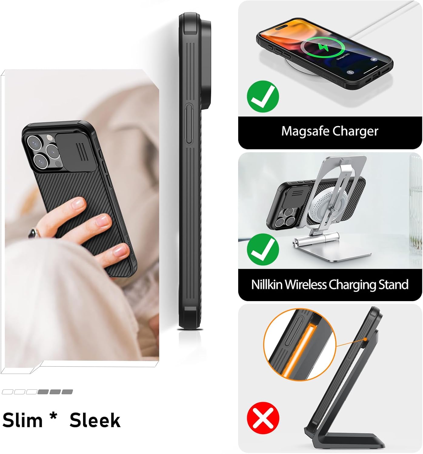 Nillkin Funda para iPhone 15 Pro Max, funda CamShield Pro 15 Pro Max con cubierta deslizante para cámara, cubierta trasera compatible con iPhone 15