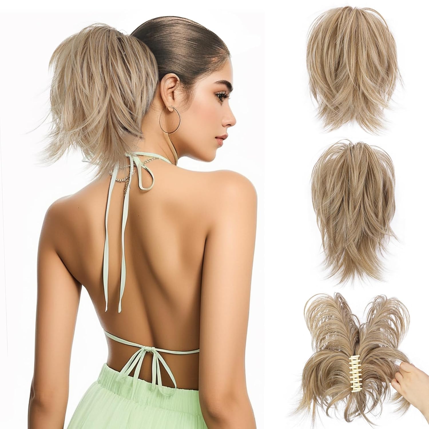 NANNAN Extensiones de cabello corto con clip de garra, cola de caballo de metales flexibles, pieza de cabello sintético para moño, cabello lacio y