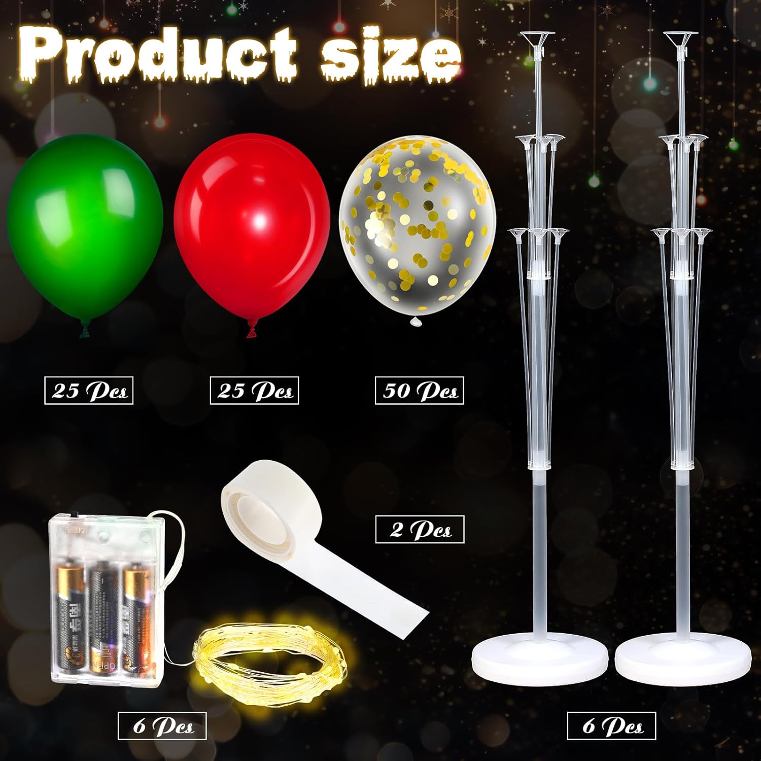 Juego de 6 soportes de globos de Navidad para suelo con cuerdas de luz, dorados, rojos, verdes, centros de mesa, kit de columna de globos para
