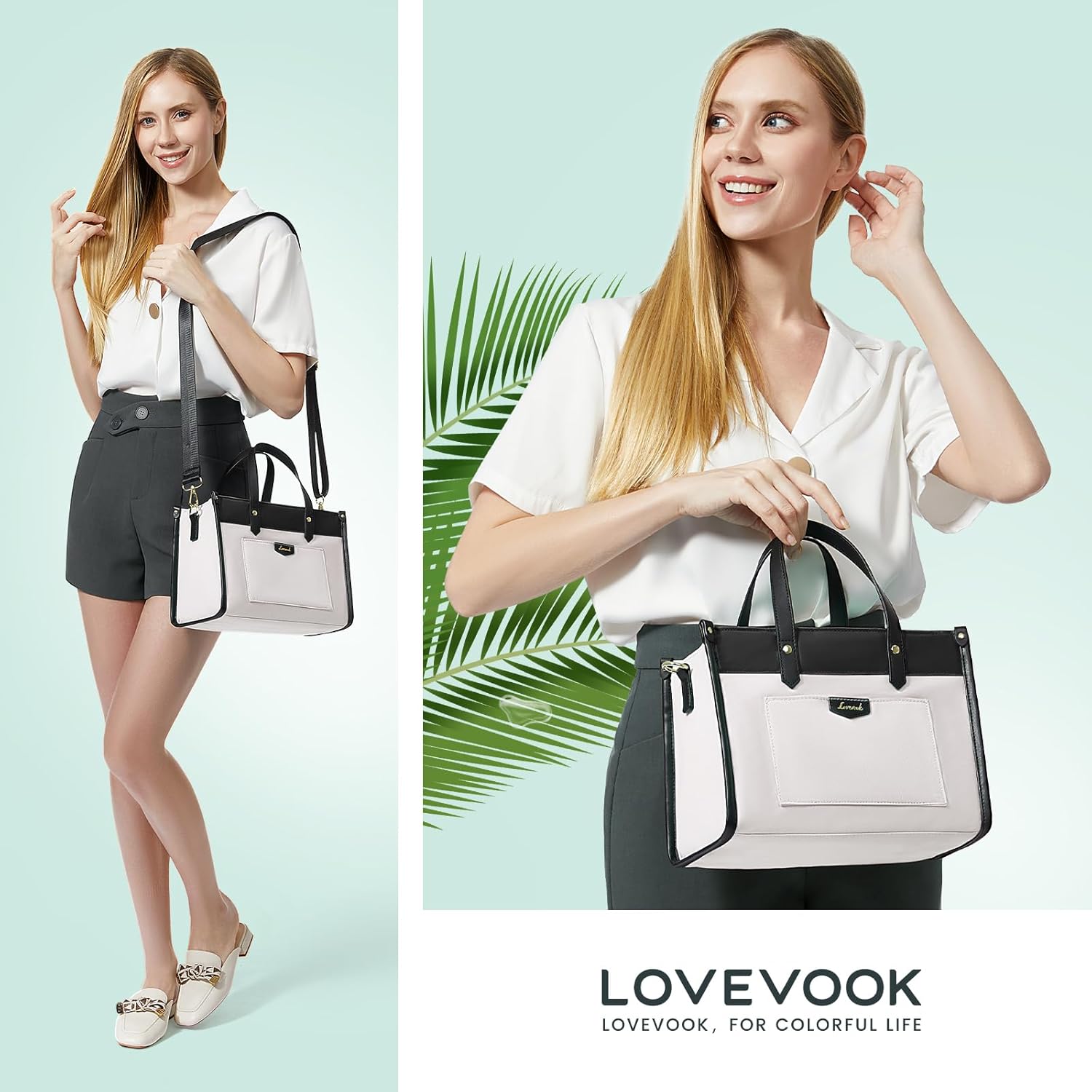 LOVEVOOK Bolsa de almuerzo para mujer, bolsa de almuerzo aislada de gran capacidad para oficina, trabajo, picnic, playa, a la moda, beige y negro, S