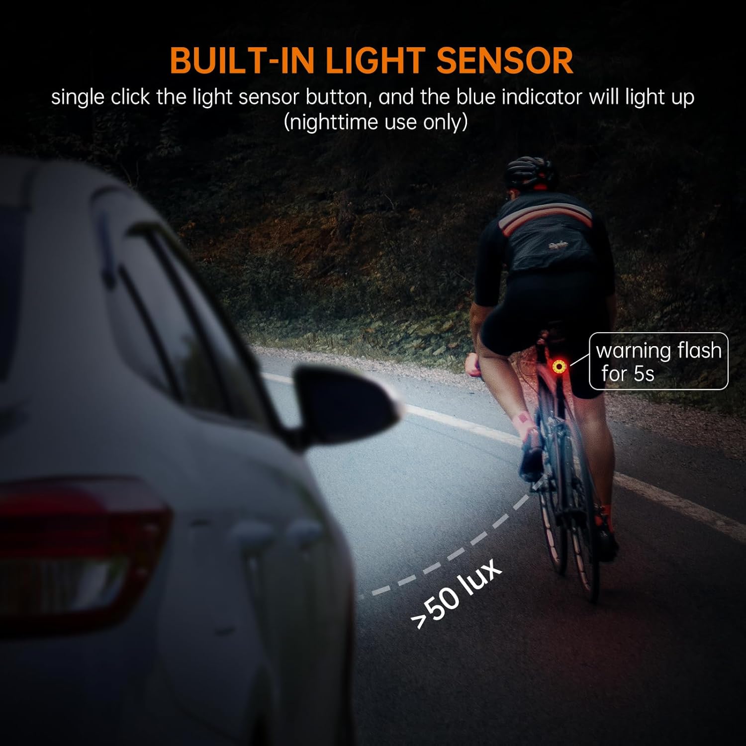 RAVEMEN Luz trasera para bicicleta, 30 lúmenes recargable USB C luz trasera en modo intermitente de advertencia con sensor de luz, IPX6 impermeable