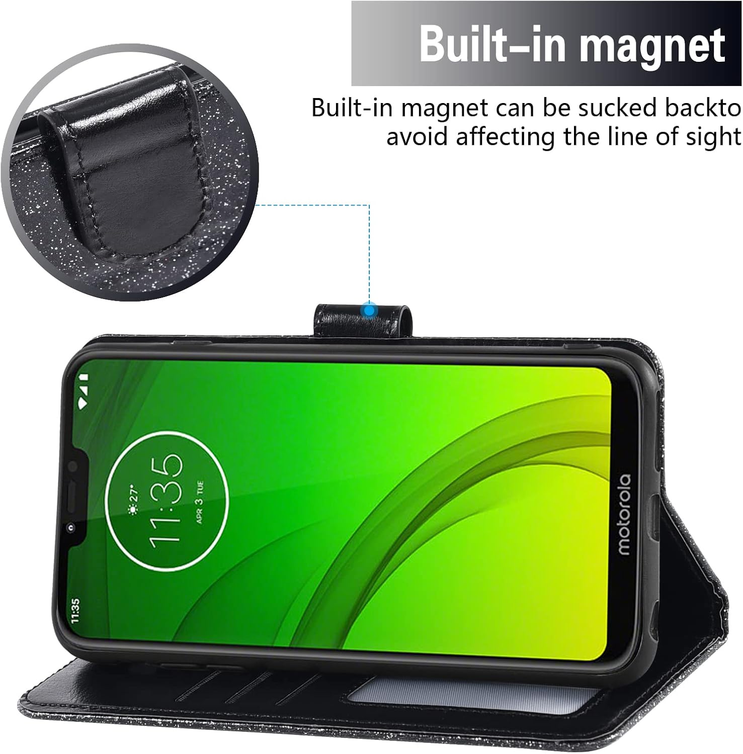 Asuwish Funda de teléfono para Moto G7 PowerMotoG7 SupraMoto7 Optimo Max con protector de pantalla y cartera con purpurina, ranura para tarjetero,