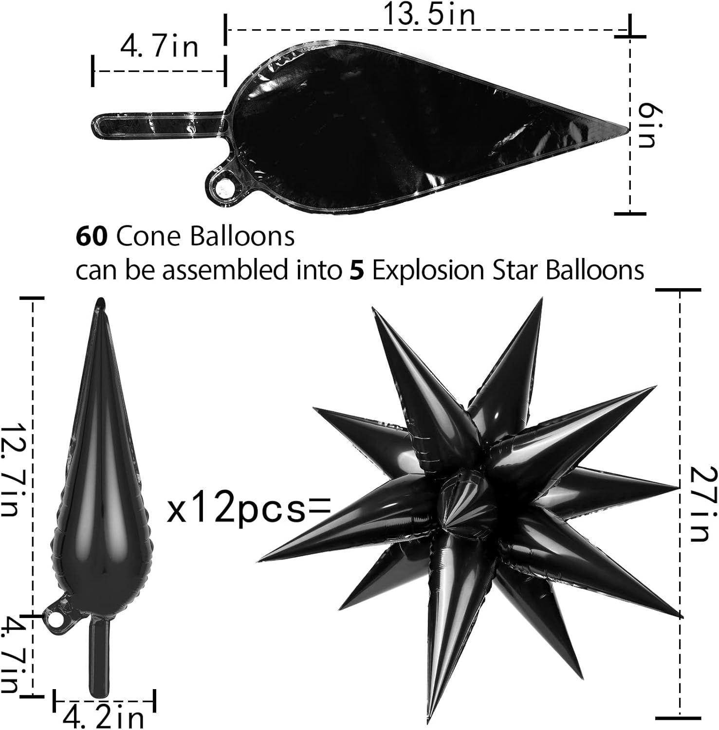 60 globos de estrella negra explosión de 12 puntos de papel de aluminio, globos mágicos en explosión de estrellas grandes para bodas, aniversarios,