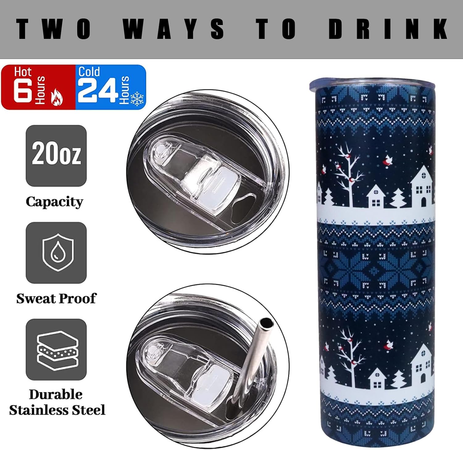 Vaso de Navidad de 20 onzas con tapa y pajita, de acero inoxidable, con aislamiento, para Navidad, botella de agua, viaje, vino