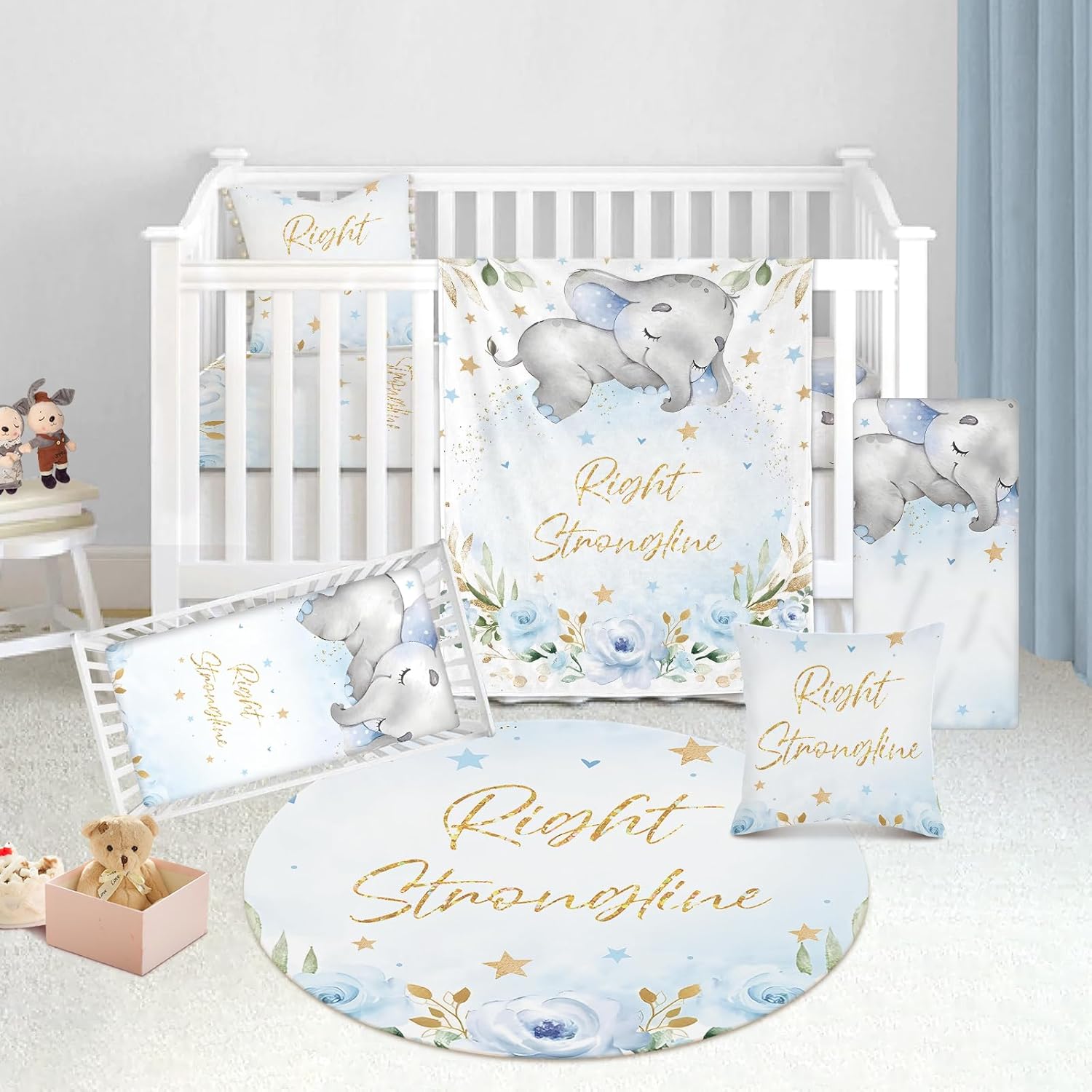 Juego de ropa de cama personalizado para cuna 5 piezas de regalo personalizado con diseño de elefante con nombre, juego de ropa de cama de guardería