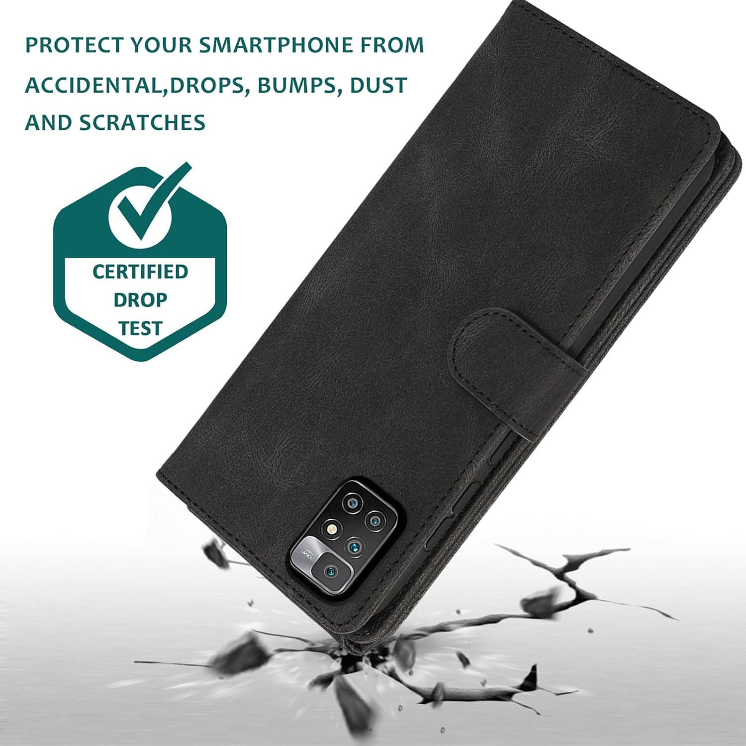 Asuwish Compatible con Xiaomi Redmi 10Redmi10 Prime – Funda tipo cartera de vidrio templado, protector de pantalla con cremallera, funda de cuero