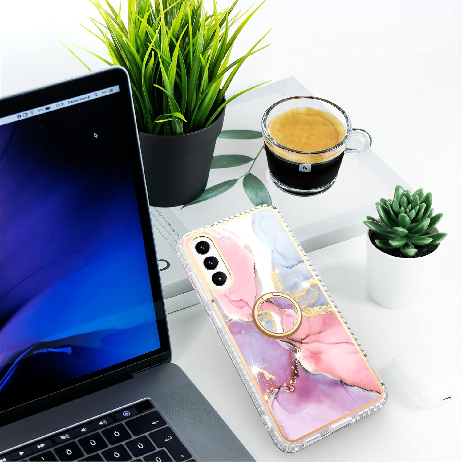 Asuwish Funda de teléfono para Samsung Galaxy S21 FE 5G con protector de pantalla y soporte para anillo de mármol, a prueba de golpes, silicona TPU,