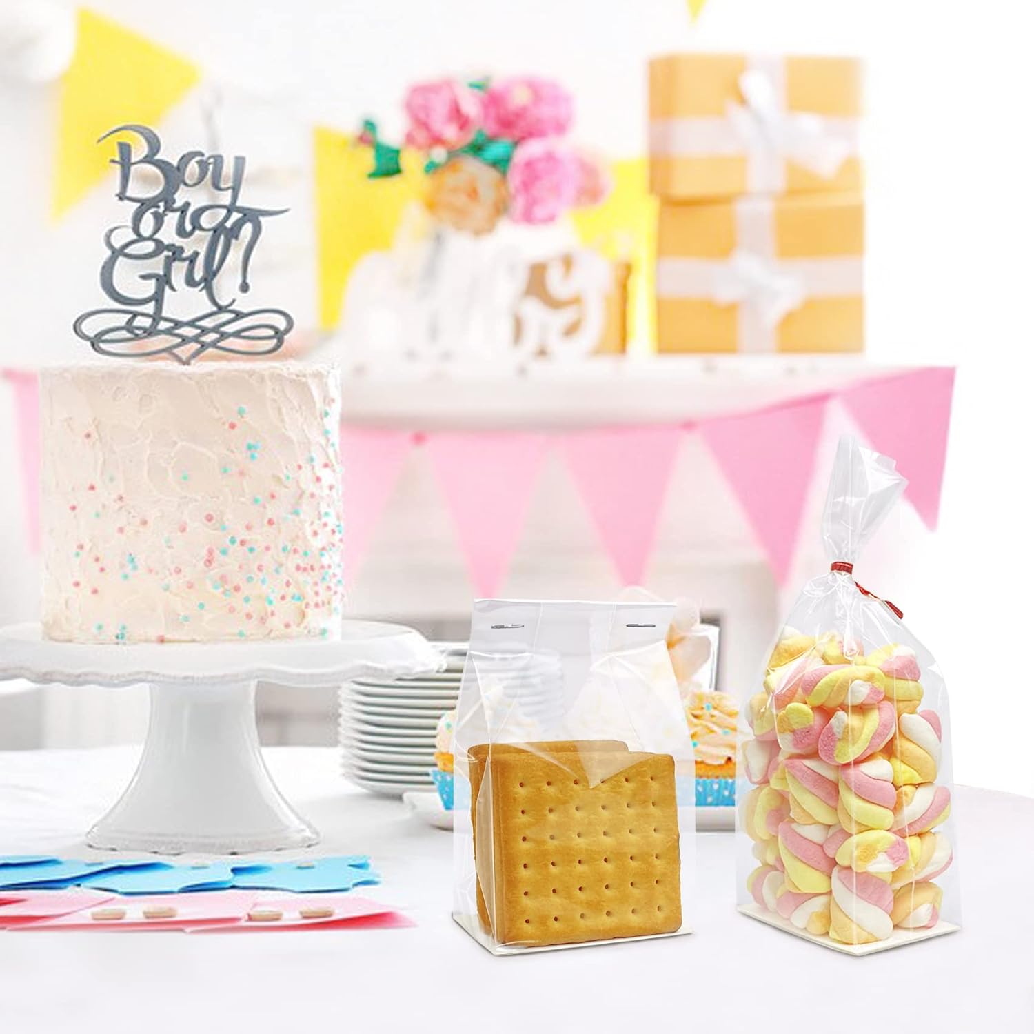 Bolsas de celofán reforzadas, bolsas de celofán de fondo plano con inserto de papel, 50 unidades, 3 x 2 x 8 pulgadas