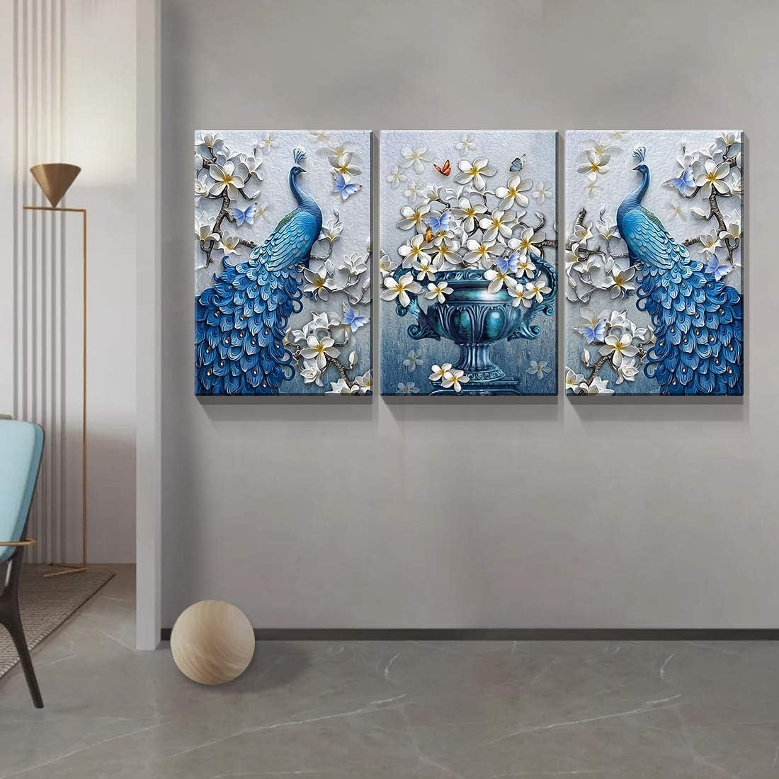 Denozer – 3 paneles de cuadros de arte de pared en lienzo de pavo real – Cuadros elegantes de flores de pavo real sobre lienzo, decoración de pared