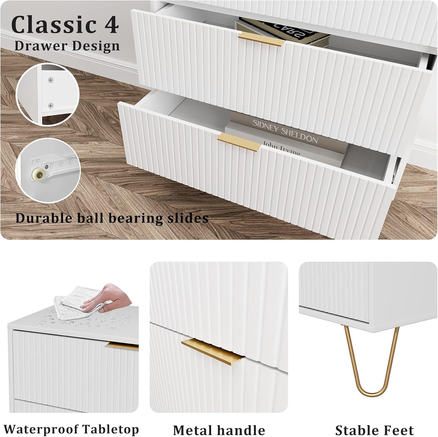 Cómoda de 4 cajones, cajón, armario de almacenamiento alto con patas de metal, cómoda pequeña para dormitorio, sala de estar, armario, pasillo,