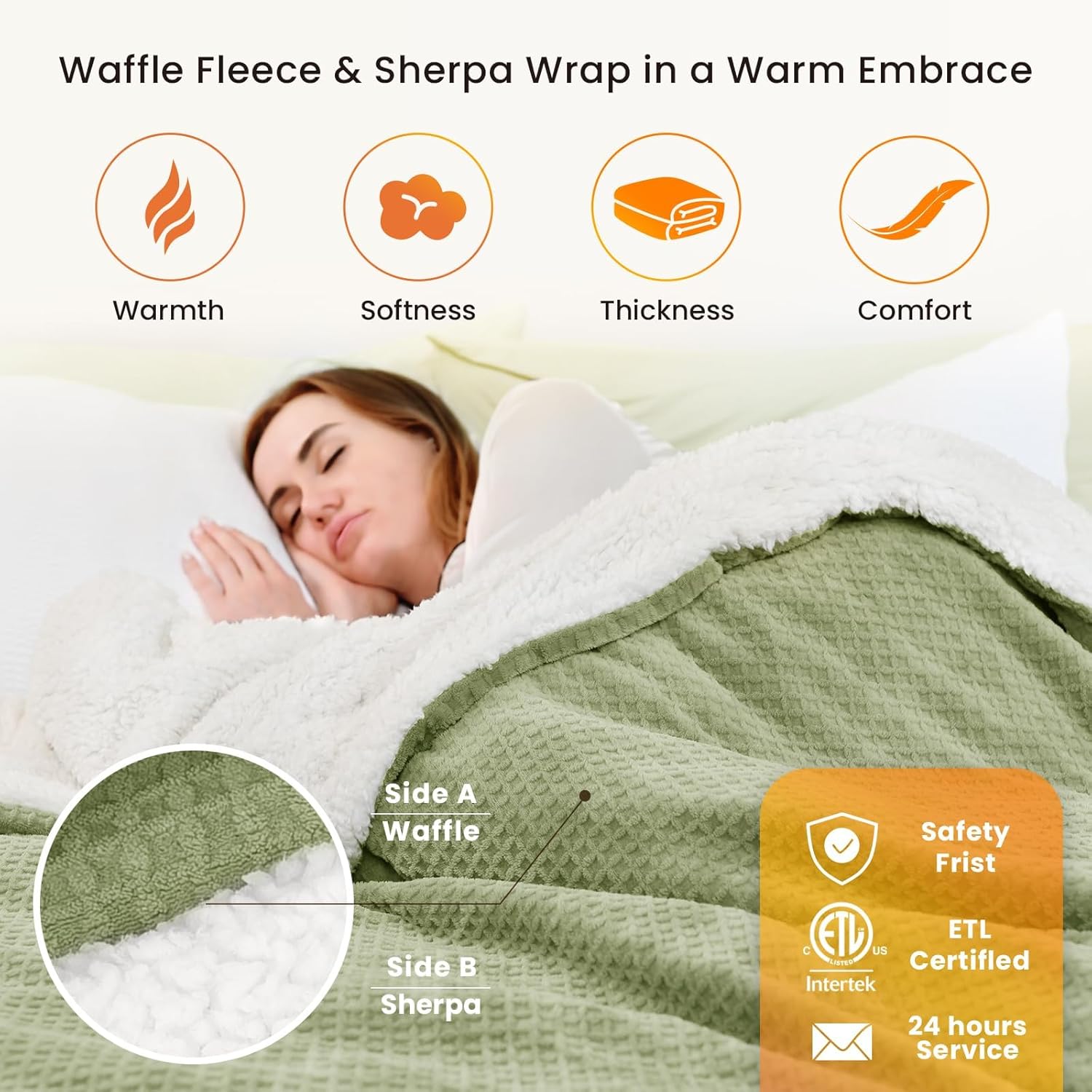 Manta térmica eléctrica King Waffle, 90 x 100 pulgadas, doble controlador, manta de forro polar Sherpa de calentamiento rápido, 6 niveles de