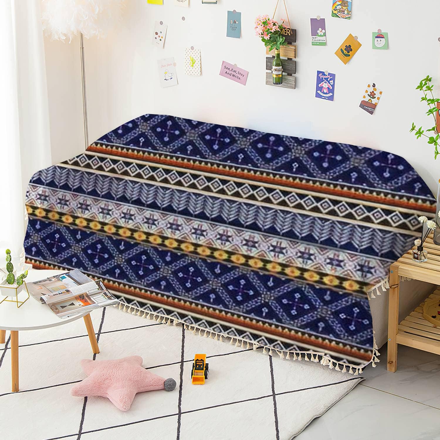 Funda bohemia para sofá, diseño étnico abstracto geométrico, tribal, nativo, étnico, tradicional, con borlas, lavable, para sofá, cama, protector de