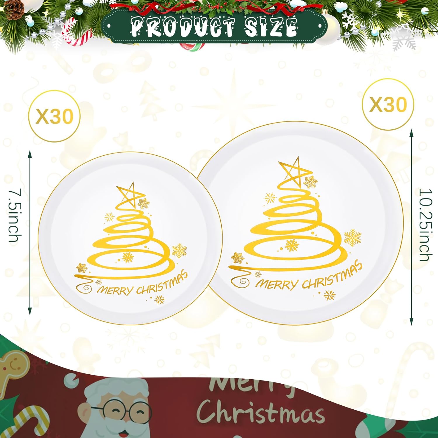 EBOOT 60 platos de plástico para árbol de Navidad, platos redondos desechables de postre para suministros de fiesta de Navidad, 10.25 pulgadas y 7.5