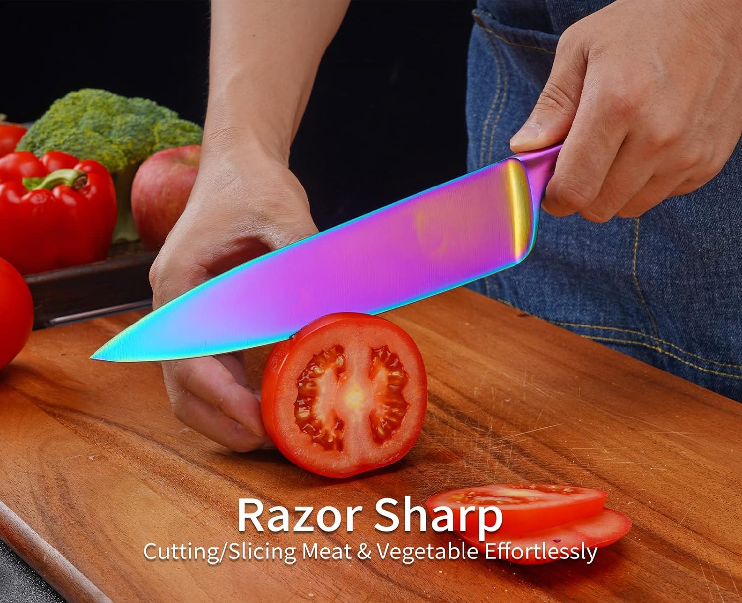 Hollory Rainbow – Juego de cuchillos de cocina de 5 piezas, hoja de acero inoxidable alemán súper afilada con chef de 8 pulgadas, pan de 8 pulgadas,