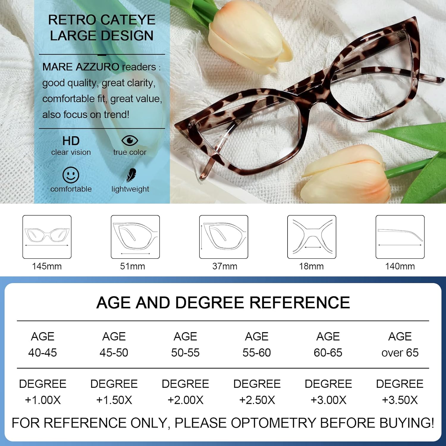 MARE AZZURO Gafas de lectura de ojo de gato para mujer, estilo retro, lindos, 0, 1, 0, 1,25, 1,5, 1,75, 2,0, 2,25, 2,5, 2,75, 3,0, 3,5, 4,0, 5,0, 6,0