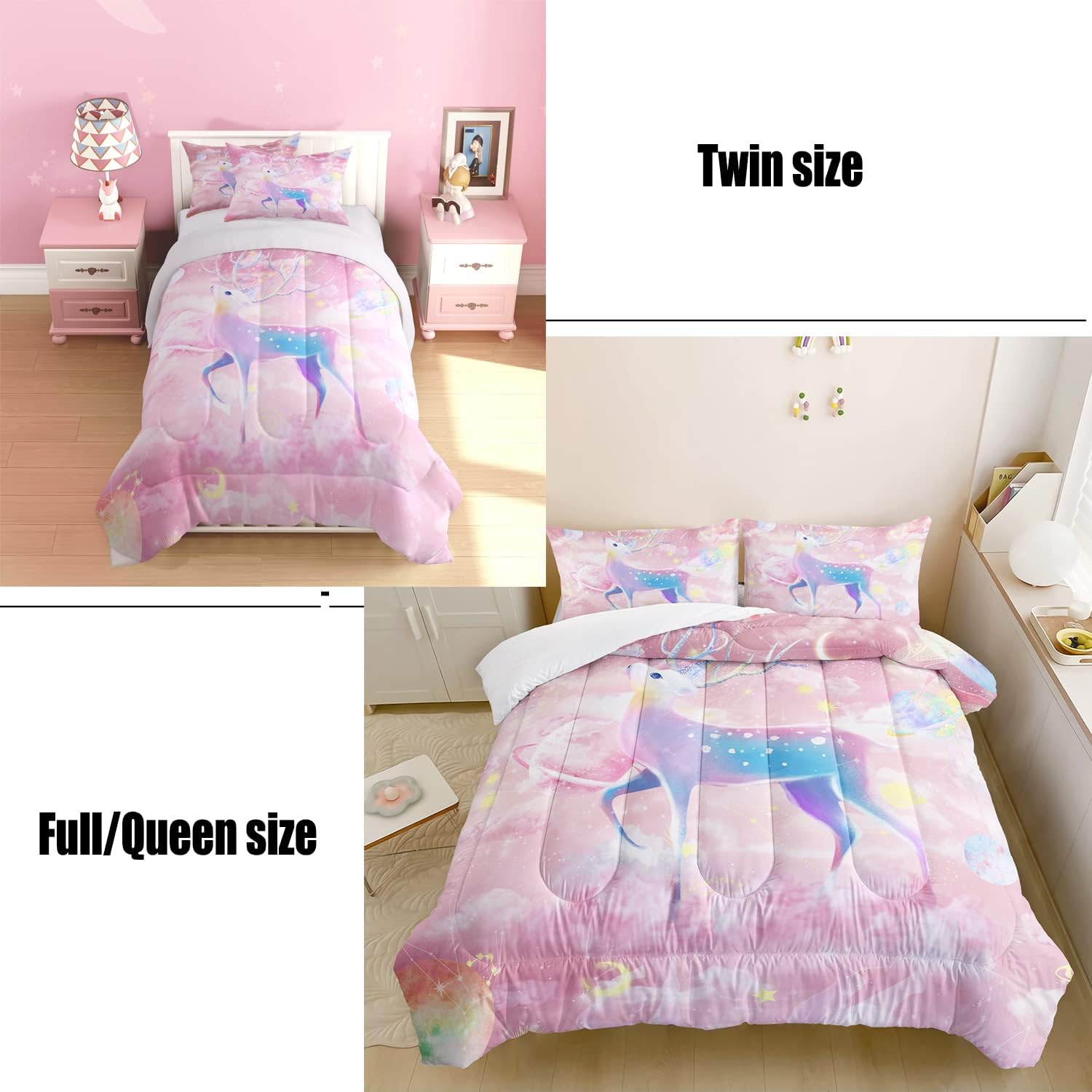 CVHOUSE Ecbttab047 – Juego de edredón rosa para niña, tamaño matrimonial, juego de ropa de cama con espacio de nube rosa para niños, ciervo y