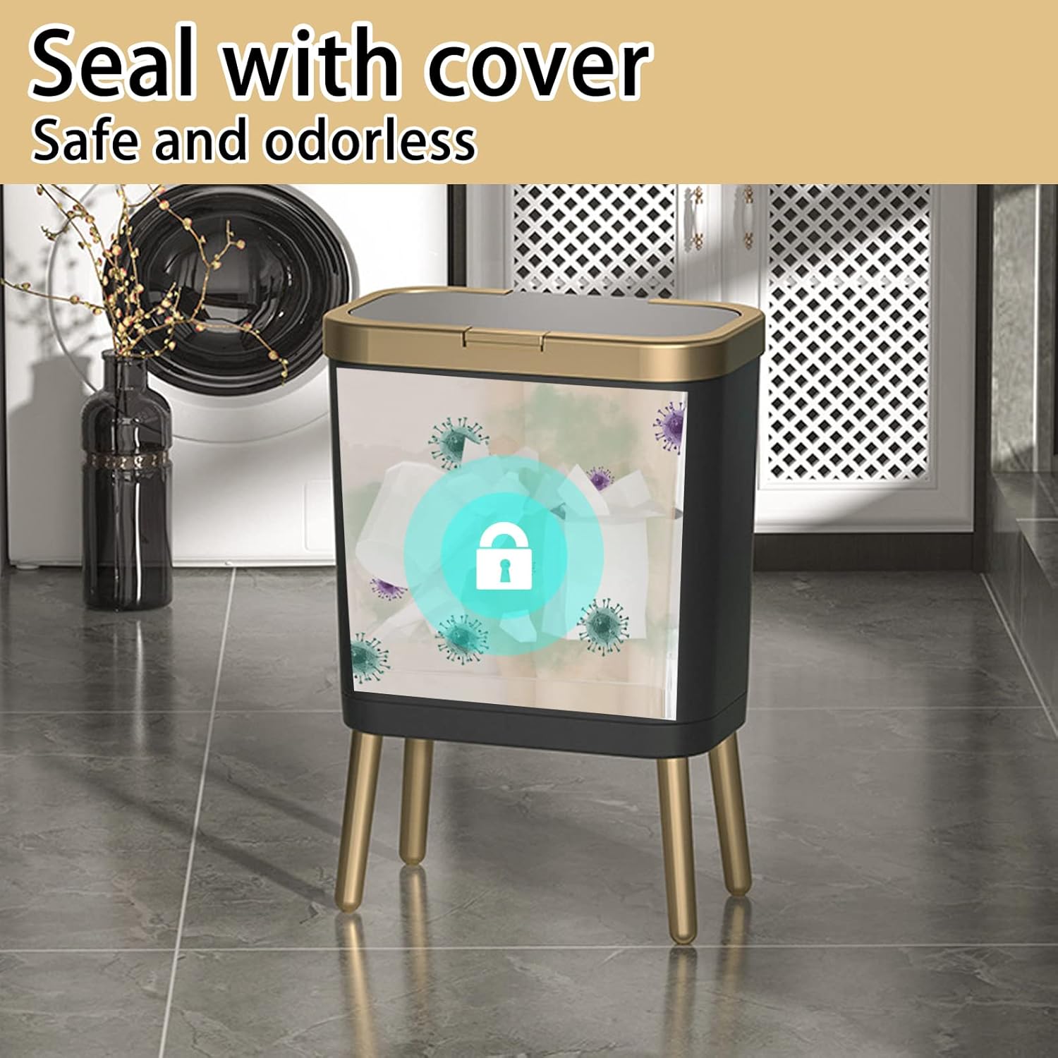 URALFA Basurero de cocina con tapa, bote de basura delgado negro con borde dorado, moderno cubo de basura de plástico para dormitorio, sala de